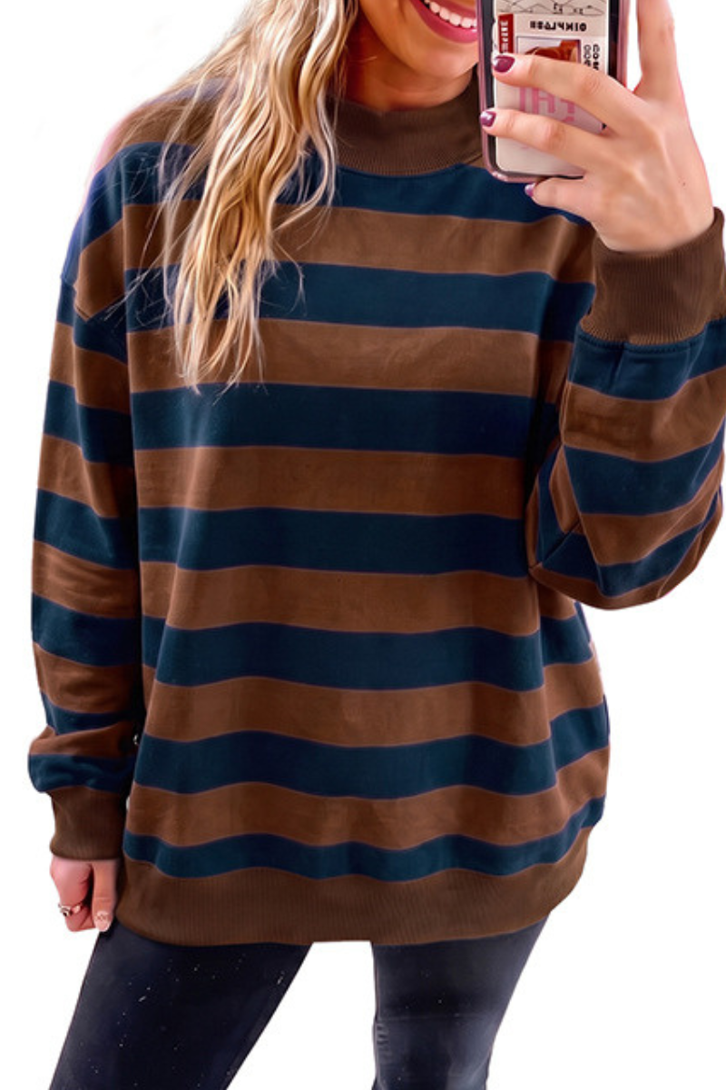 Women's Fall Striped Color Block Relaxed Mockneck Sweatshirt