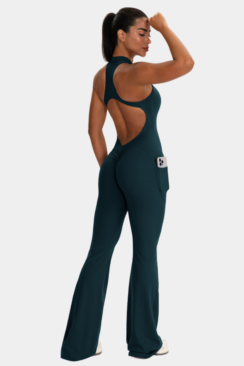 Women's Cut Out Pleated Buttocks Lift Pocket Flared Jumpsuit