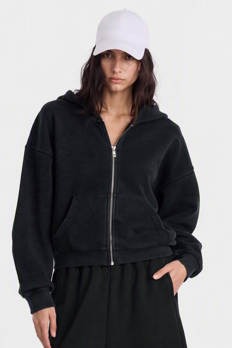 Women's Fall Vintage Washed Waffle Full Zip Up Hooded Jacket