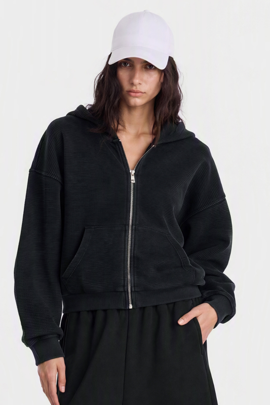 Women's Fall Vintage Washed Waffle Full Zip Up Hooded Jacket