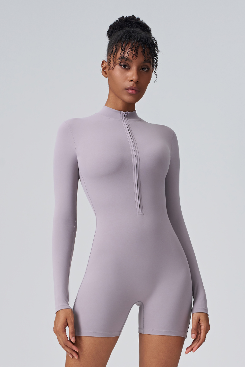 Women's Mock Neck Zip Sculpting Long Sleeve Shorts Jumpsuit