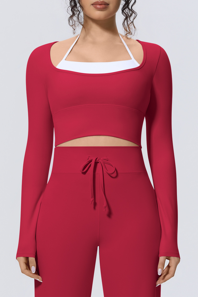 Women Fake Two Color Block Cropped Long Sleeve T-shirt