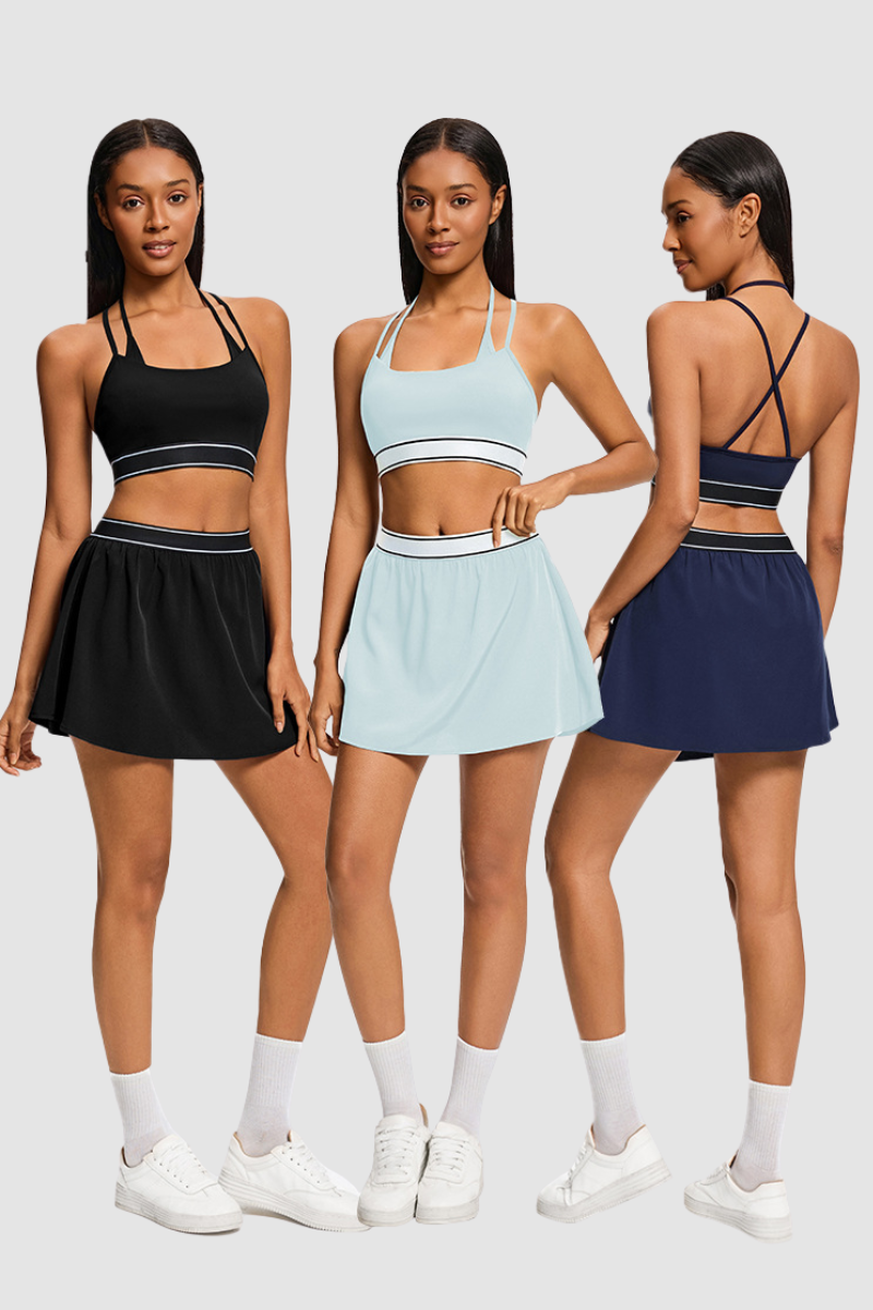 Women's Athletic Tennis Sets:Bra And Built-in Liner Skirt