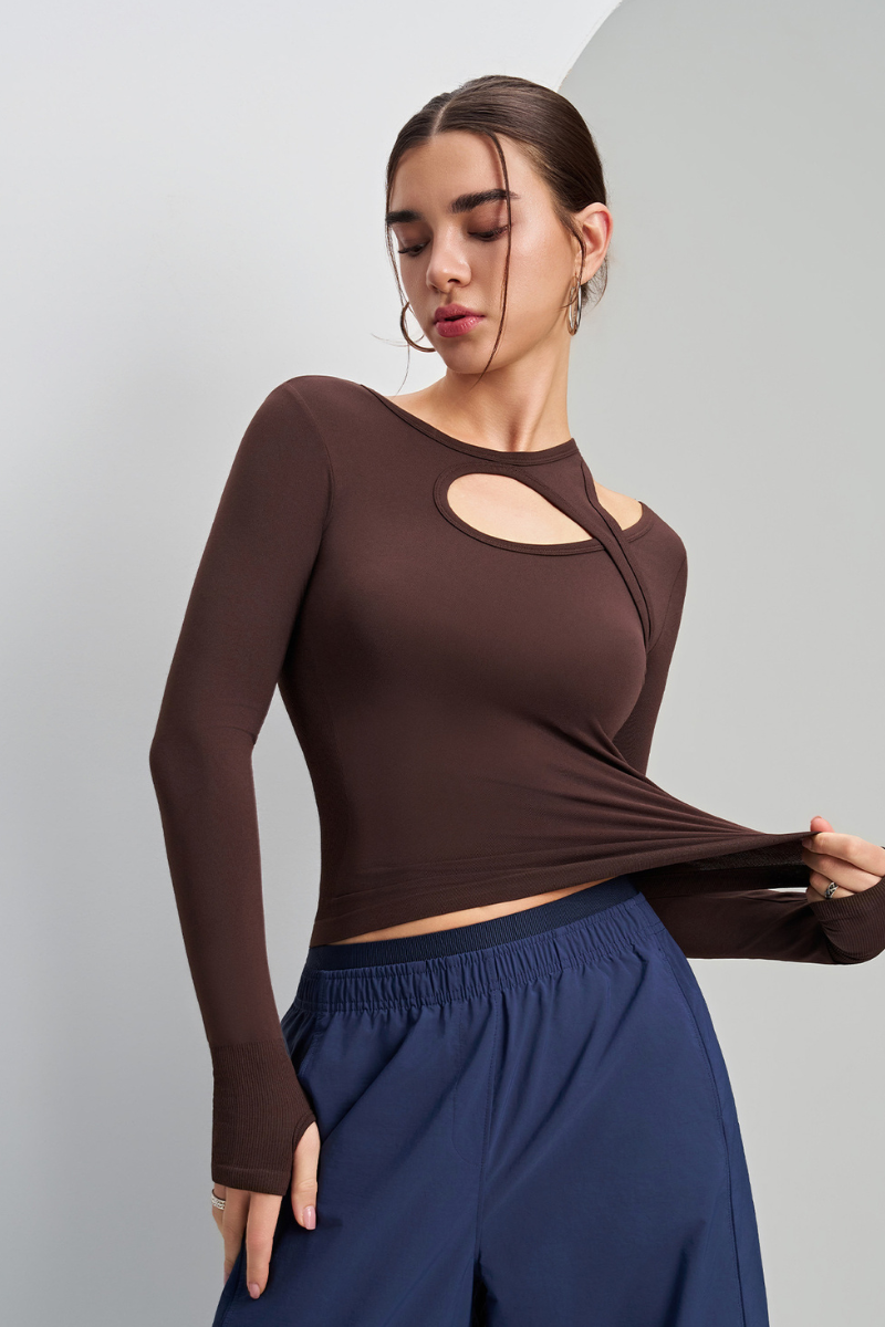 Asymmetrical structure, lacy yoga top