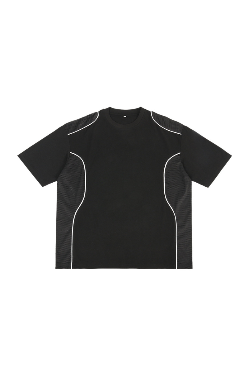 Unisex Streetwear Mesh Panel Contrast Stripes T-Shirt