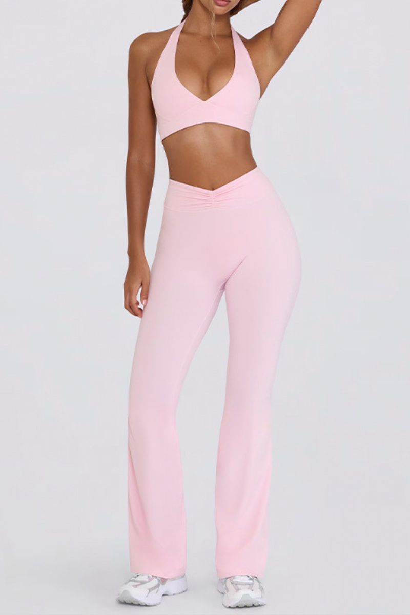 Women's Brushed Pleated Sports Yoga Bra And Flared Pant Set