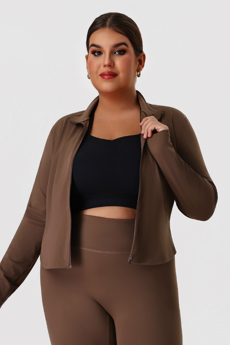 Plus Size Women's Mock Neck Curved Hem Long Sleeve Yoga Jacket