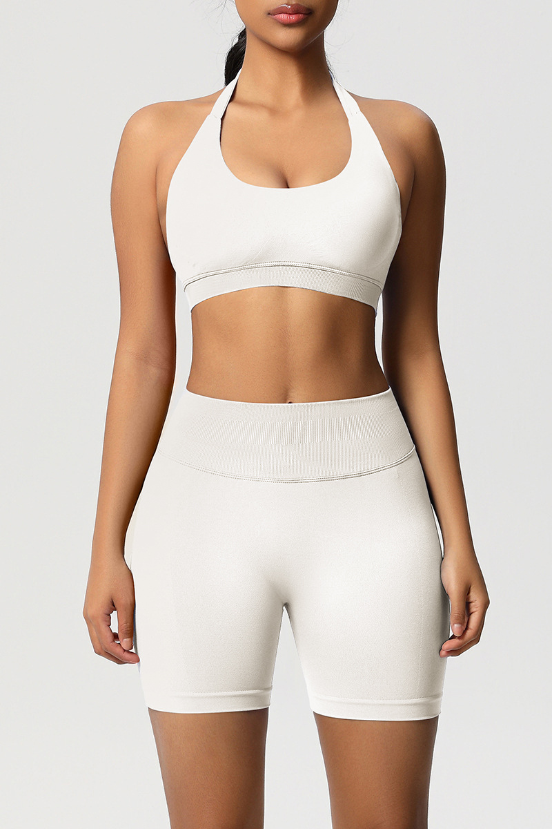 Women Halter Neck Yoga Set: High-Waisted Sculpting Shorts + Backless Sports Bra