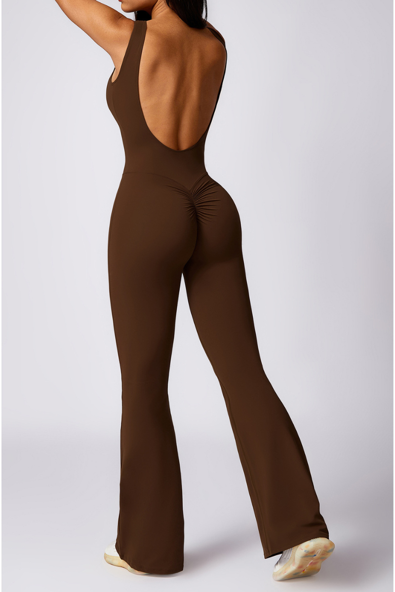 Women Pleated Buttocks Lift Padded Flared Leg Yoga Jumpsuit