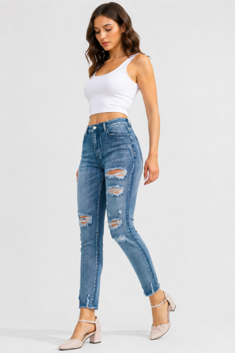Women's High Waist Distressed Skinny Raw Hem Cropped Jeans