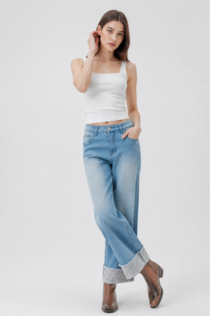 Women's Fall Leopard Print Cuff Relaxed Wide Leg Jeans