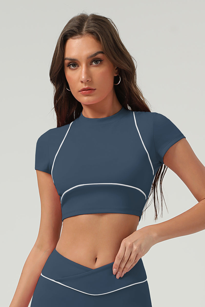 Women Summer Quick-Dry Color-Block Cropped Fitness Tee With Slim-Fit Design