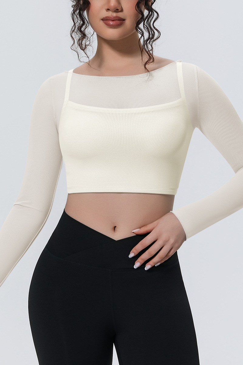 Women's Mesh Stitched Mock Two-Piece Long Sleeve T-shirt