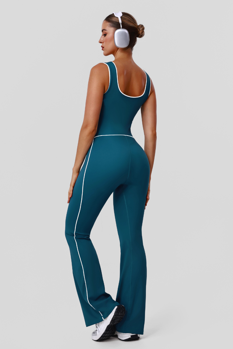 Women's Athletic Color Block U-Neck Flared Pants Jumpsuit
