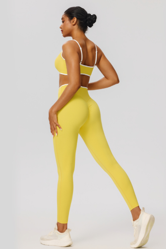Women's Color Clash Bra Pleated Buttocks Lift Leggings Sets