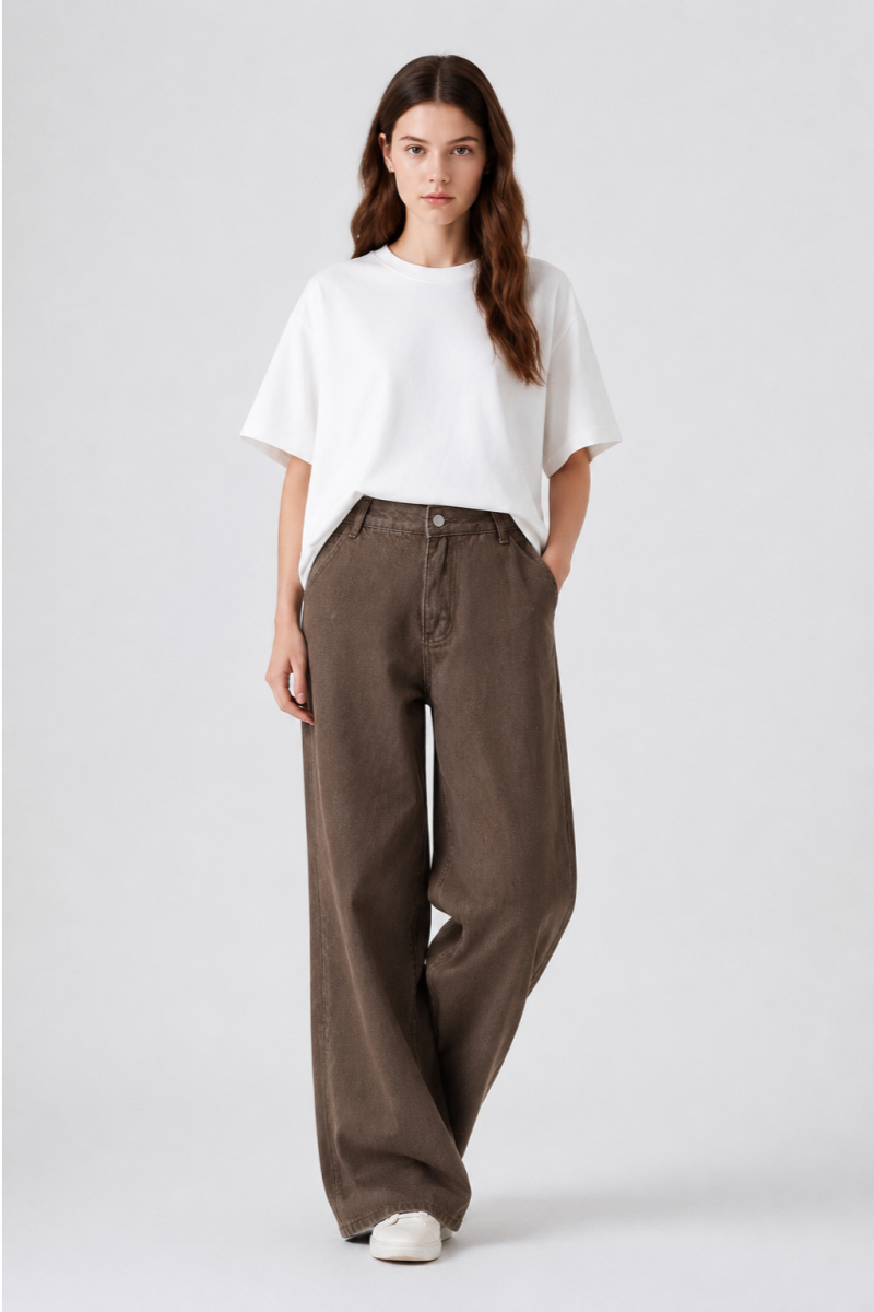 Women's Fall Non-Stretch Brown Loose Fit Wide Leg Jeans