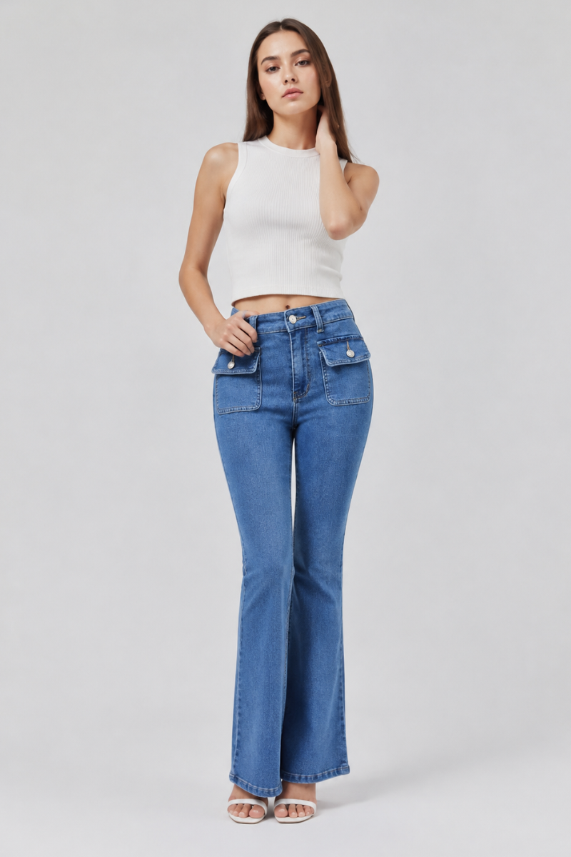 Women's High Waist Flare Jeans with Button Front Pockets