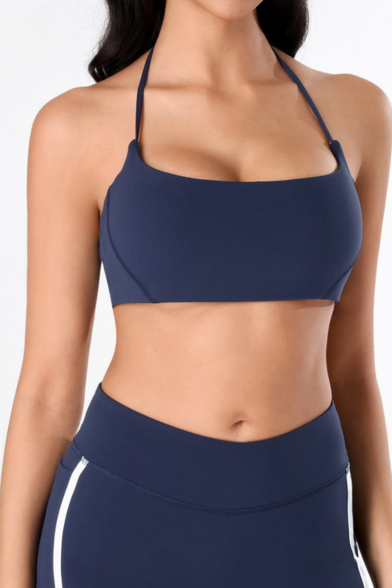 Women's Athletic Square Neck Tie Halter  Backless Yoga Bra