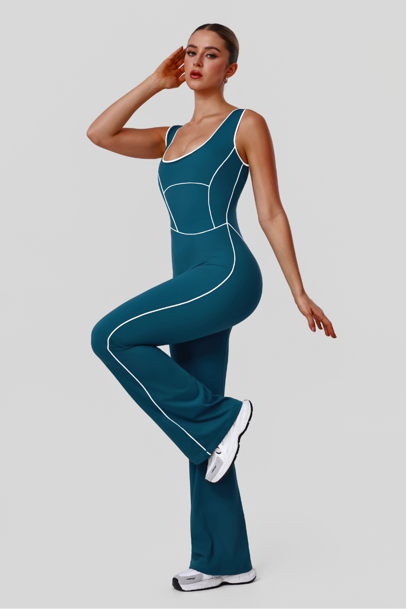 Women's Athletic Color Block U-Neck Flared Pants Jumpsuit