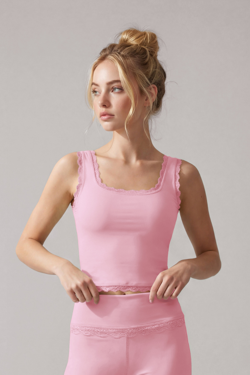 Women's Lace Trim Square Neck Cropped Sports Yoga Tank Top