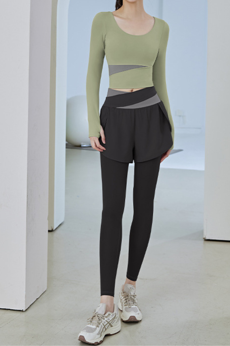Women's Athletic Sets:Long Sleeve Top& 2-in-1 Shorts Leggings