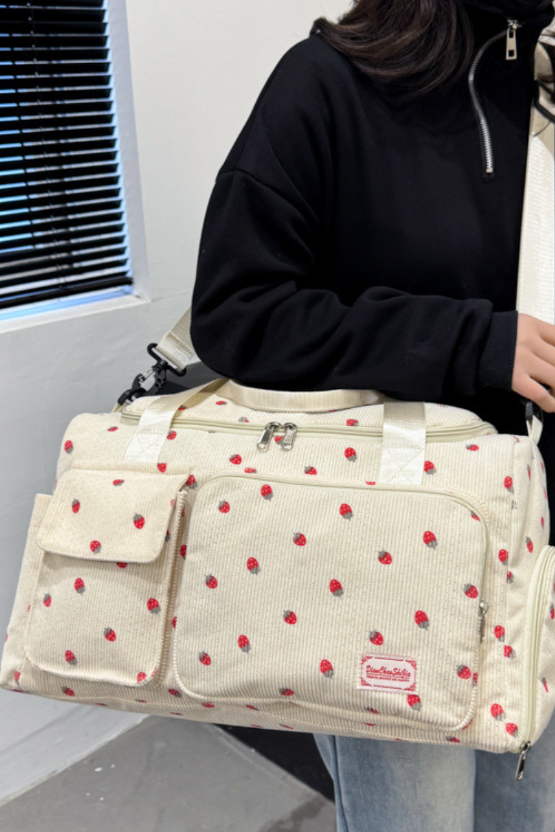 Strawberry Print Corduroy Multi-Pocket Travel Duffel Bag