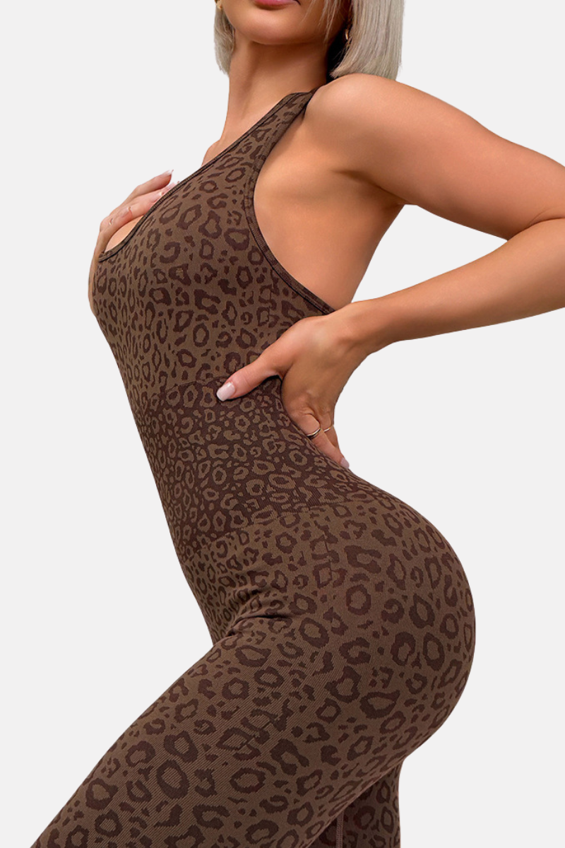 Women's Leopard Print Square Neck Crisscross Back Jumpsuit