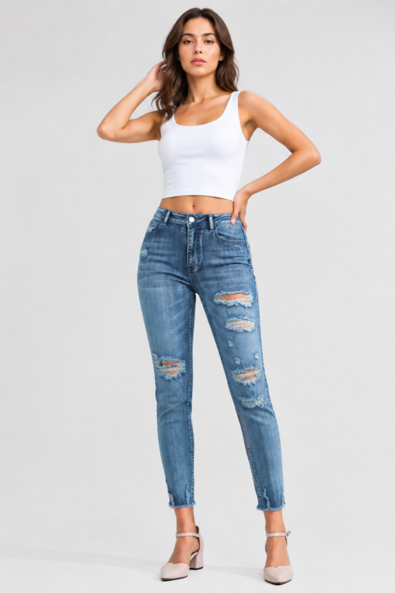 Women's High Waist Distressed Skinny Raw Hem Cropped Jeans