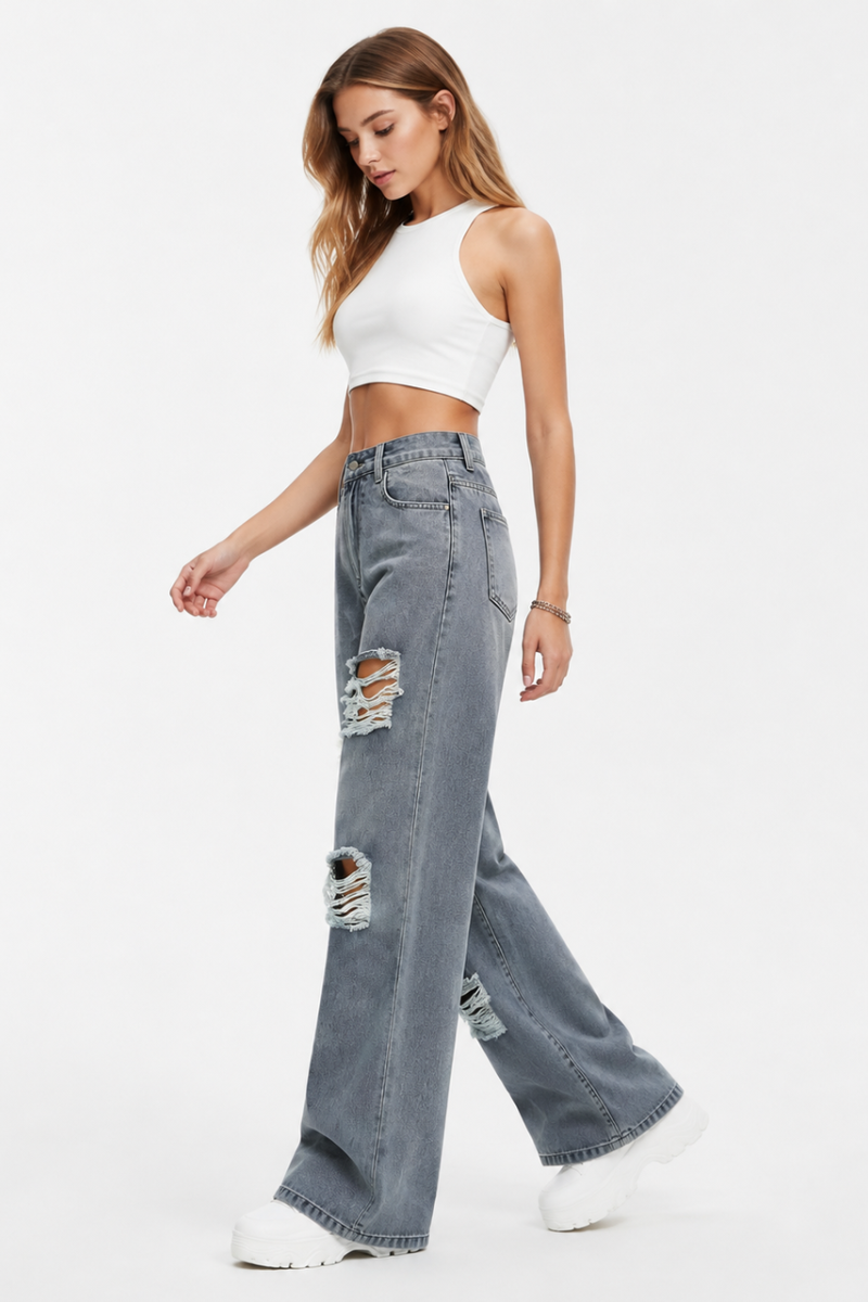 Women's High Waist Distressed Ripped Wide Leg Jeans