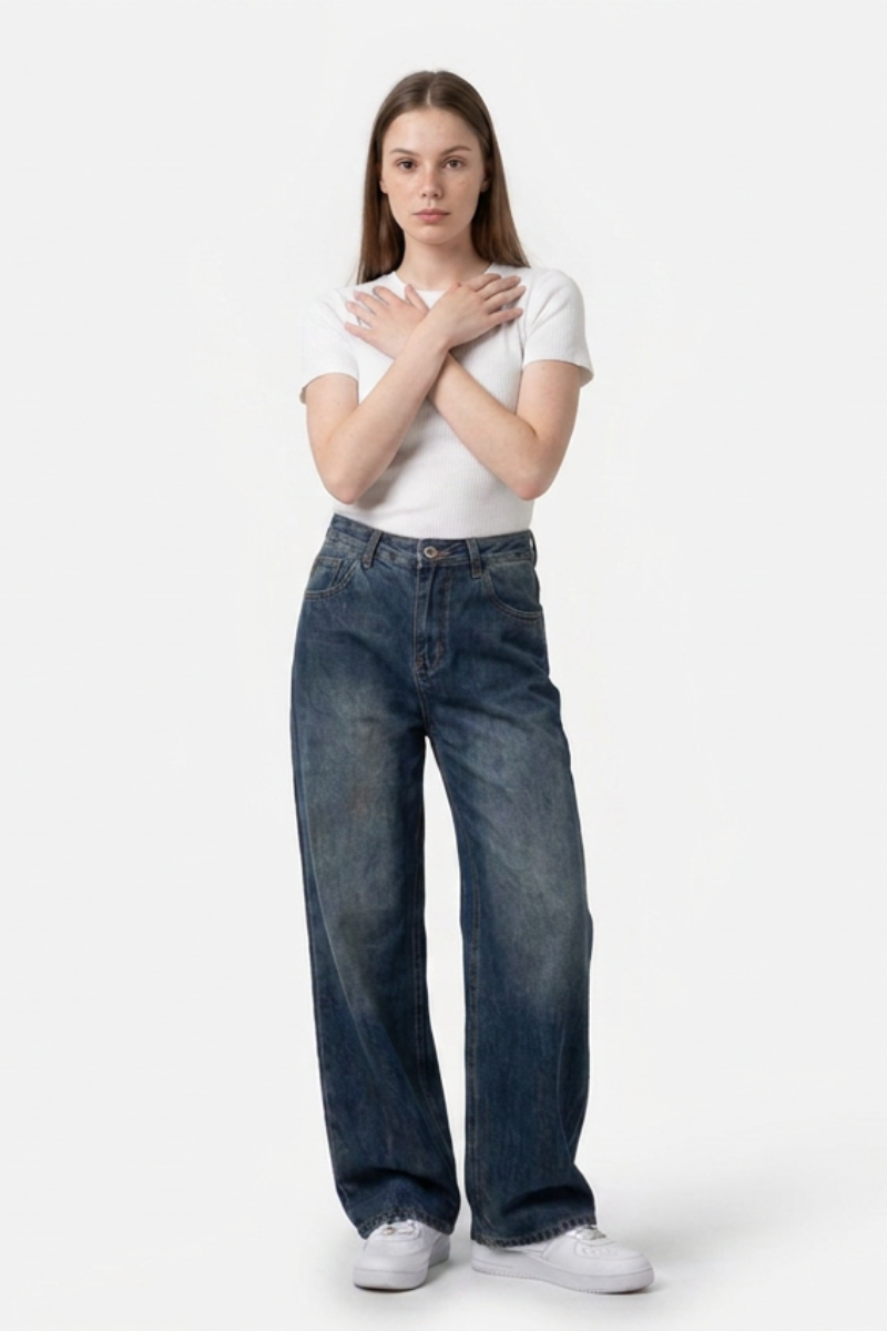 Women's Dirty Wash High Waist Loose Straight Leg Jeans