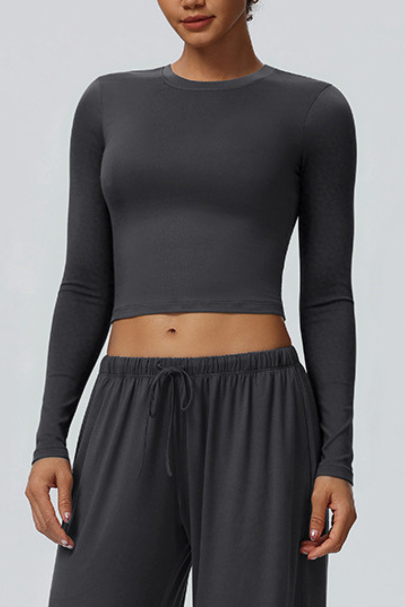 Women's Crew Neck Cropped Long Sleeve Athletic Top