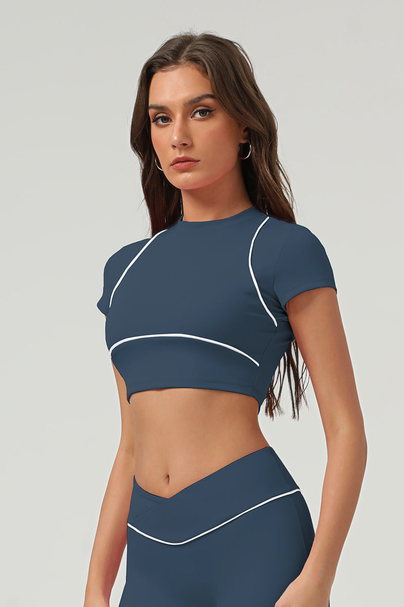 Women Summer Quick-Dry Color-Block Cropped Fitness Tee With Slim-Fit Design