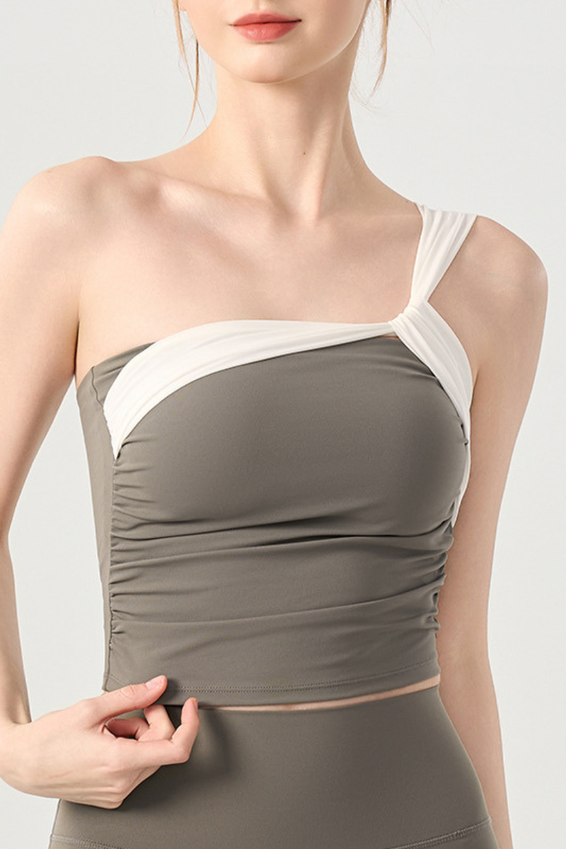 Women's Color Block Twist One-Shoulder Ruched Yoga top