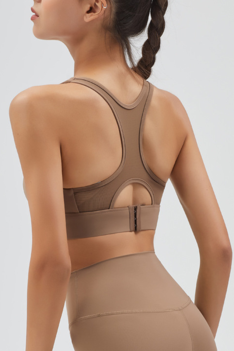 Women's Front Zipper Racerback Back Mesh Panel High Impact Sports Bra