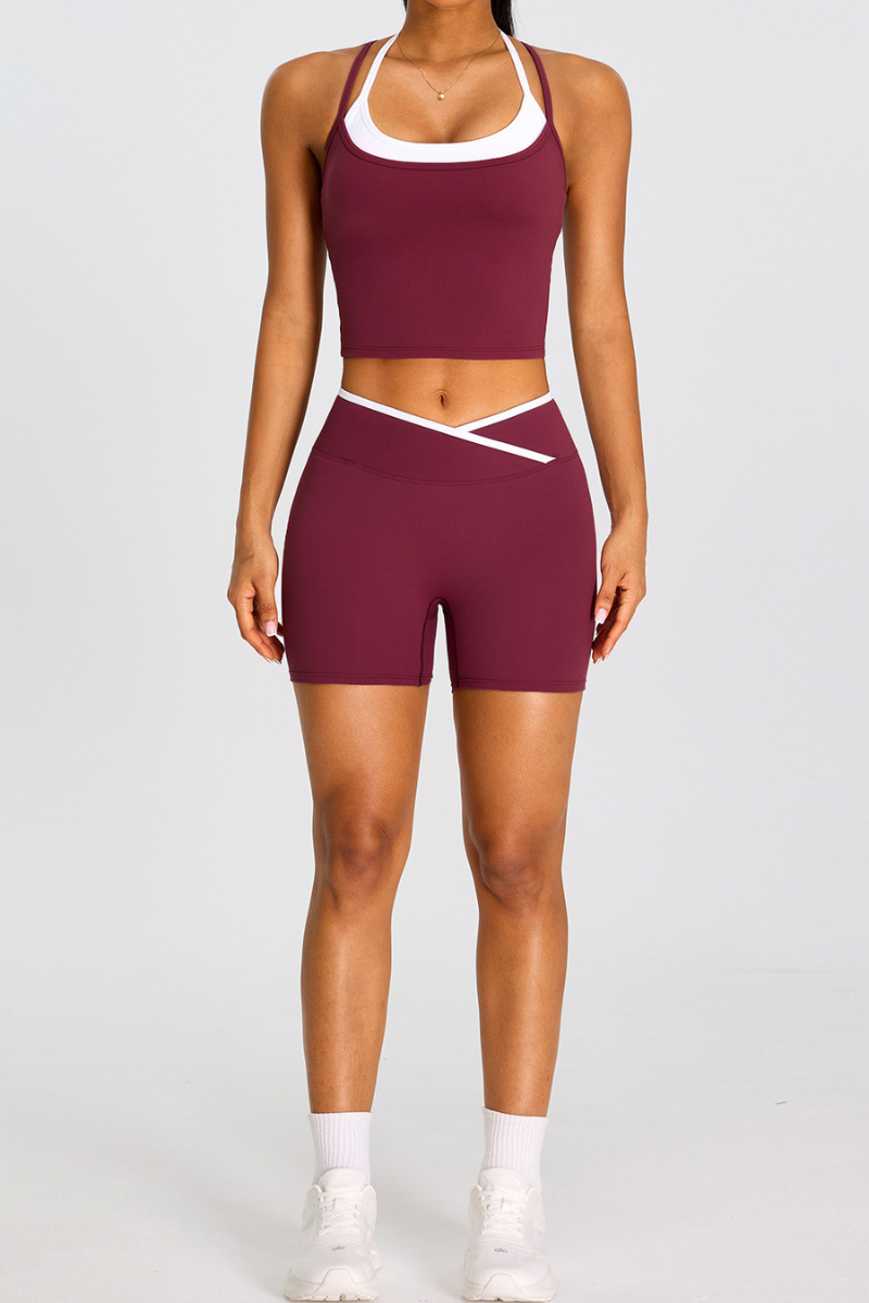 Women's Color-Block Cross-Back Tank Top And Shorts Sport Set
