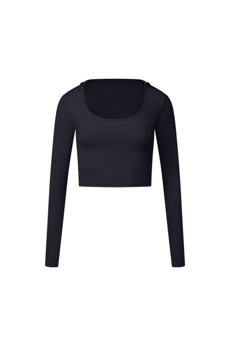 U-Neck Hooded Long-Sleeve Top with Naked Feel Fabric