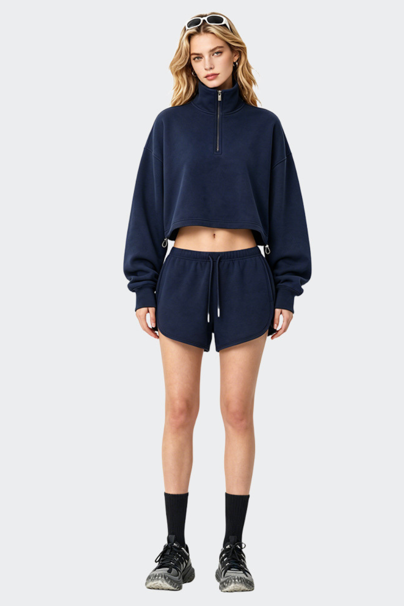 Women's Fall Half Zip Stand Collar Sweatshirts And Drawstring Shorts