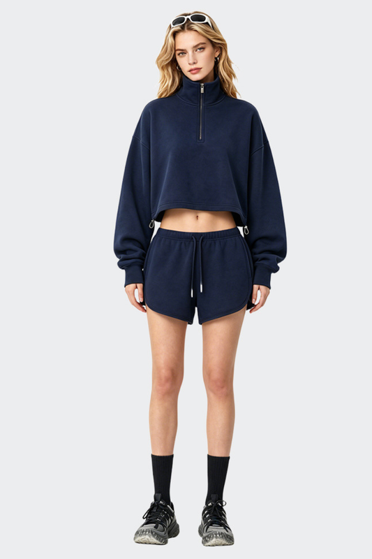 Women's Fall Half Zip Stand Collar Sweatshirts And Drawstring Shorts