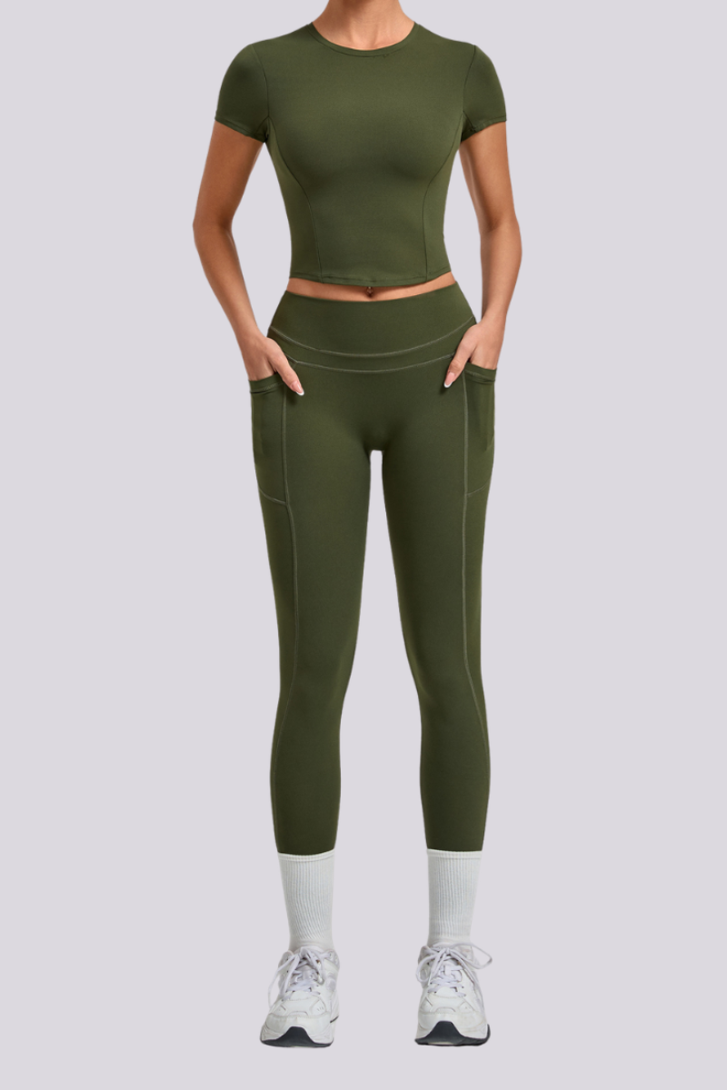 Women's Crew Neck T-shirt Pocket Leggings Yoga 2 Piece Set