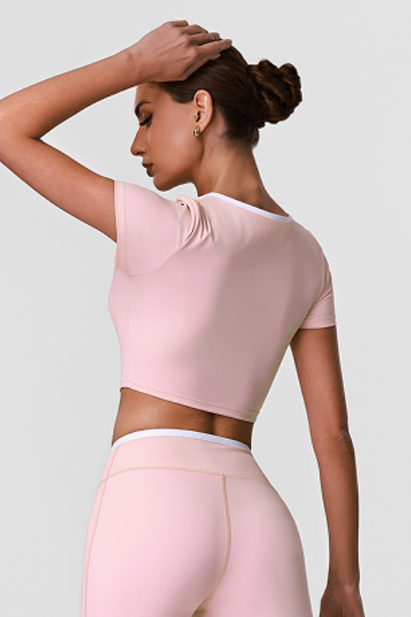 Women's Contrast Cross Cutout Neckline Cropped Workout Tee