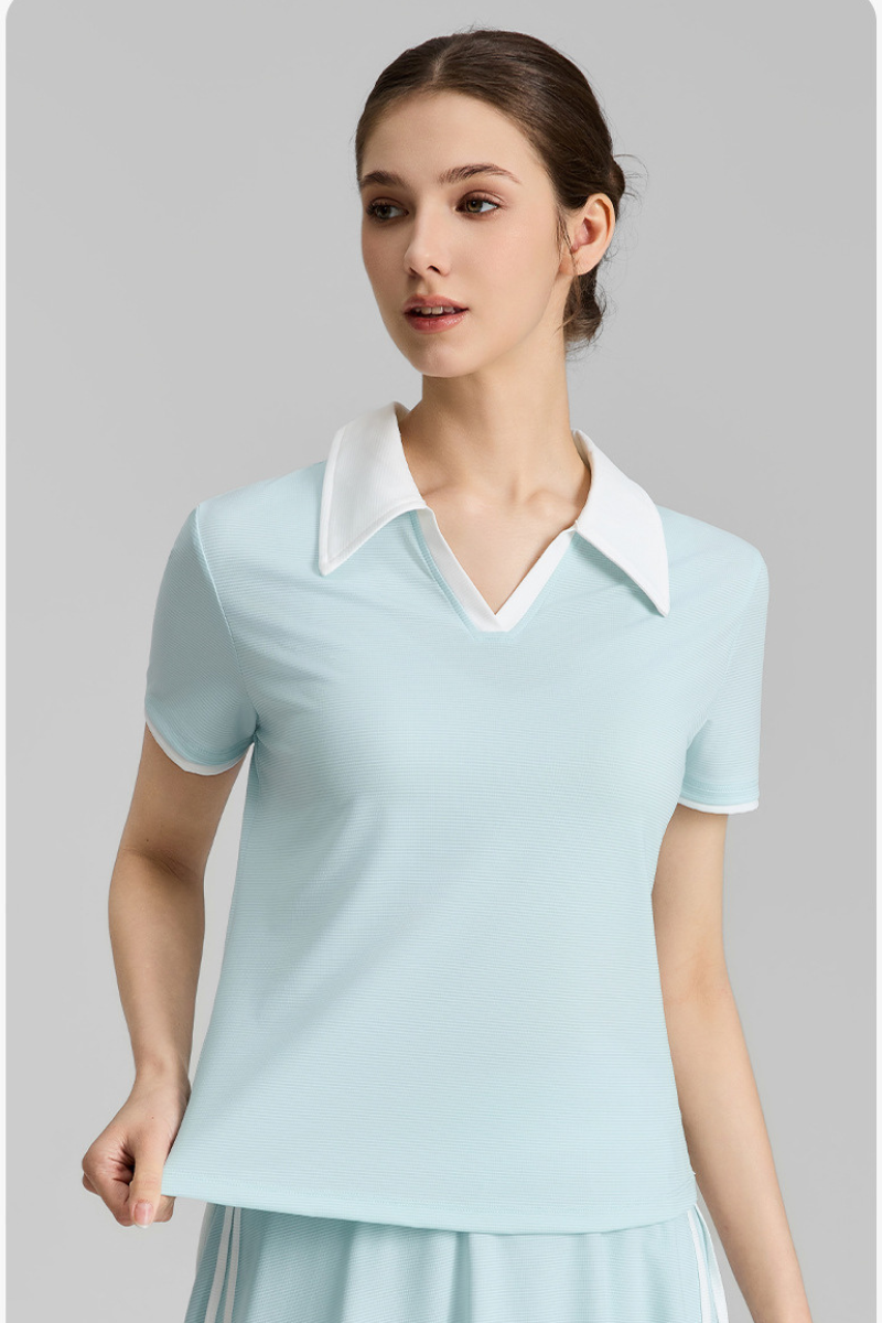 Women's Color-Block Polo V-Neck Sports Tennis T-Shirt