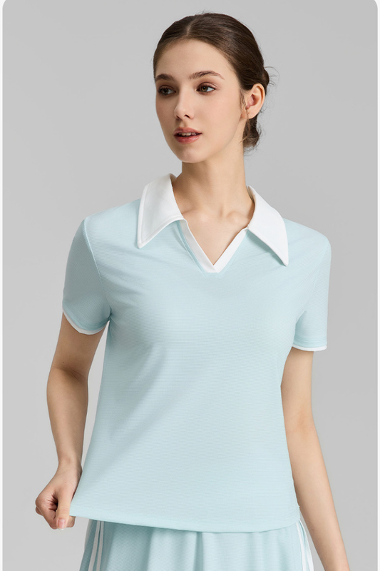 Women's Color-Block Polo V-Neck Sports Tennis T-Shirt