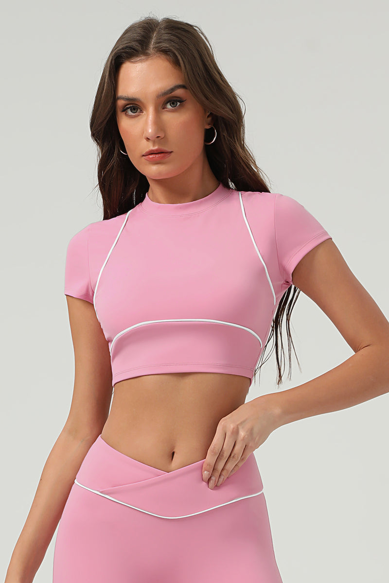 Women Summer Quick-Dry Color-Block Cropped Fitness Tee With Slim-Fit Design