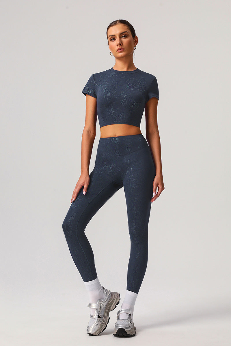 Women Gold Foil Fabric Sports T-Shirts + Yoga Sports Leggings