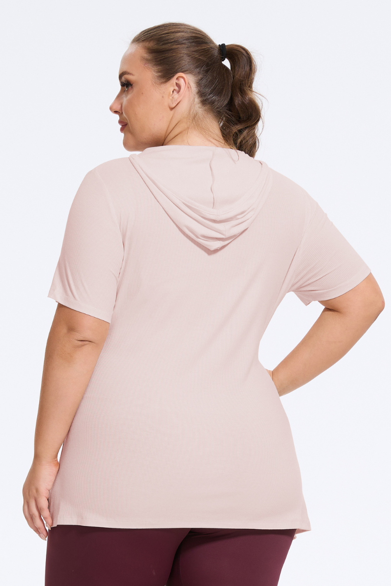 Plus Size Women's Ribbed Slit Yoga  Hooded T-Shirt