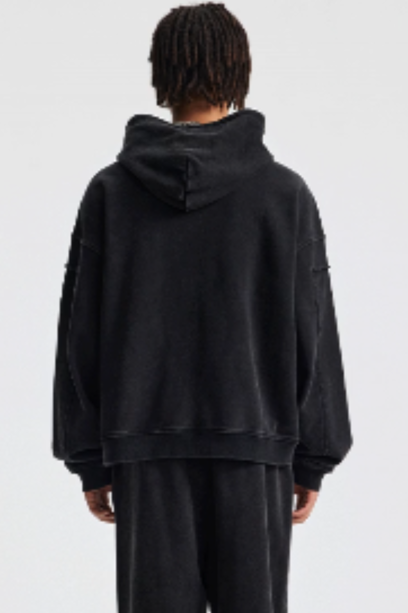 Rustic-style zipper-front pullover hoodie
