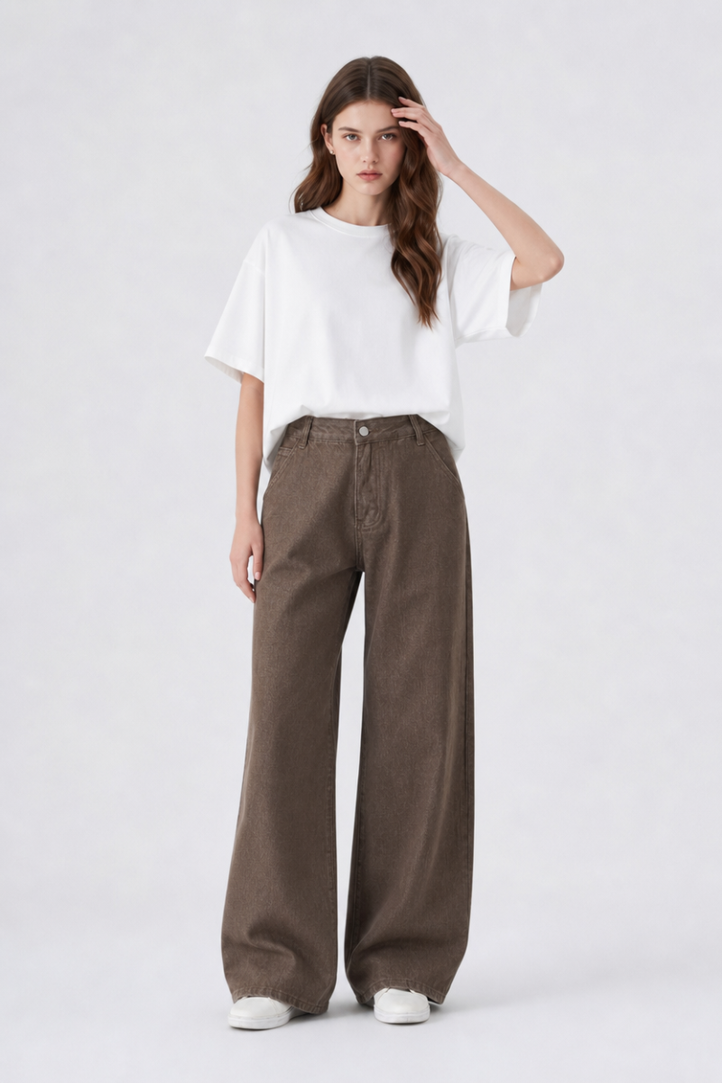 Women's Fall Non-Stretch Brown Loose Fit Wide Leg Jeans