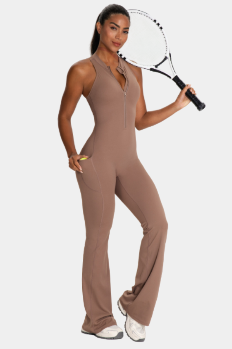 Women's Cut Out Pleated Buttocks Lift Pocket Flared Jumpsuit