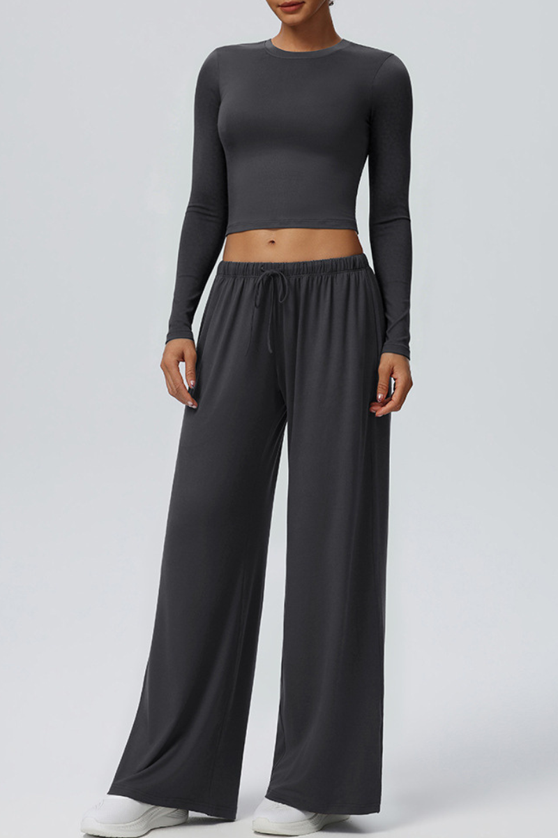 Women's Crew Neck Cropped Top and Casual Pants 2 Piece Set
