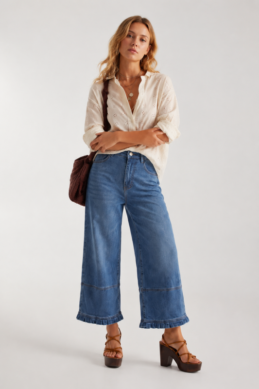 Women's High Waist Wide Leg Jeans with Ruffle Hem